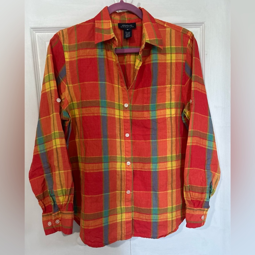 Jones New York Signature Colorful orange Plaid linen button down Shirt top sz M